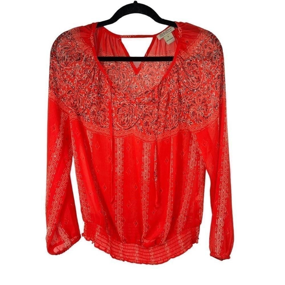 Lucky Brand Red Southwestern Print‎ Sheer Blouse Womens S